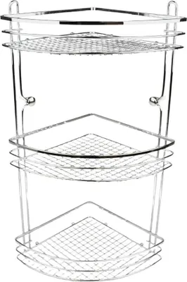 A three-tiered corner shelf unit.