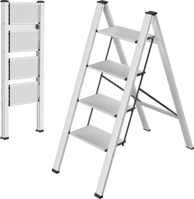 Zdjęcie produktu dla Drabina domowa - 4 stopnie - Aluminiowa składana drabina - Antypoślizgowe stopnie - Lekka i wytrzymała do 150 kg - Srebrna