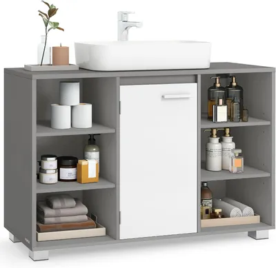 Zdjęcie produktu dla Szafka pod umywalkę - szafka z regulowanymi półkami - 30 x 90 x 60 cm - szara - biała - metalowe nóżki