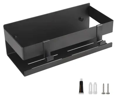 Zdjęcie produktu dla Półka pod prysznic bez wiercenia, stal nierdzewna, czarna, 23 cm, z 2 haczykami