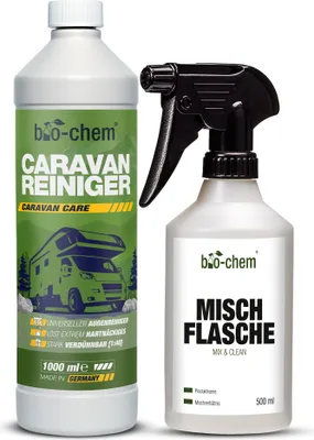 Produktbild von bio-chem Caravan- und Wohnmobil-Reiniger - Extra starkes Konzentrat - 1000 ml + Handspray-Mischflasche - Reiniger für Wohnmobile, Wohnwagen, Vorzelte, Regenstreifenentferner -  DE