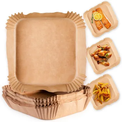 Produktbild von 100 Stück Backpapier für Heißluftfritteuse 5 bis 6 Liter, Backpapierschale antihaftbeschichtet & ölbeständig, 20 x 20 x 4,5 cm