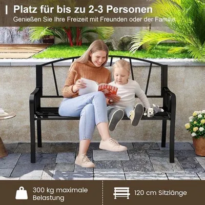 Obrázek produktu pro Zahradní lavička, rozměry 129x53x93 cm, černá, kovová, vhodná do zahrady a na terasu, dvoumístná