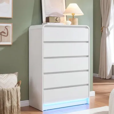 Immagine prodotto di Comodino con anta in vetro e 5 cassetti, mobile contenitore bianco con sistema di sicurezza anticaduta