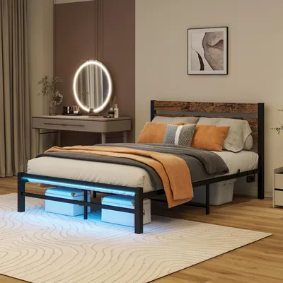 Produktbild von Flieks Klassisches Bett Jugendbett 120x200cm mit USB und Led, Kinderbett Doppelbett Metallbett mit Lattenrost, Gästebett Metallbettgestell, Schwarz