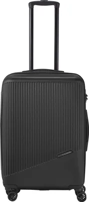 A black Travelite trolley suitcase with a retractable handle and wheels, shown from the front against a white background.