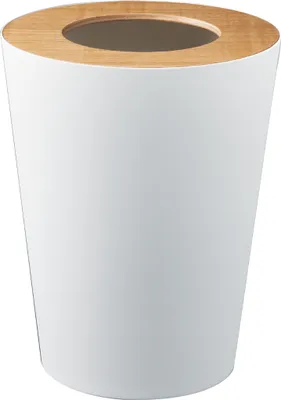 Image de Petite poubelle Yamazaki, 28 cm, avec couvercle astucieux en bois, blanche et ronde