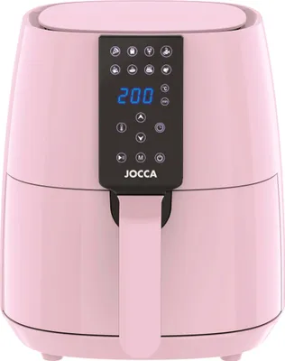 A pink air fryer with a digital display and controls.