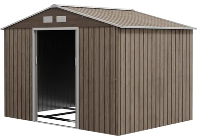 Image de Abri de jardin en acier, résistant aux intempéries, avec deux portes coulissantes et quatre fenêtres. Abri de jardin en métal, couleur marron, avec cadre de base. Dimensions : 277 x 195 x 192 cm