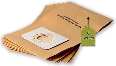 A stack of brown paper vacuum cleaner bags with a green tag indicating '6 Beutel'.