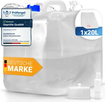 Produktbild von WASSERFELD ® [10L - 20L Wasserkanister Faltbar inkl. auslaufsicherem Dosierhahn & Tragehenkel - Robuster Trinkwasserkanister mit Verschlussklappe - Auslaufsicherer Wasserbehälter 20 Liter 1 Stck.
