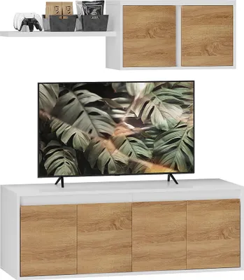 Produktbild von HOMCOM TV-Ständer und Wandschrank-Set mit 7 Ablagen und offenem Regal, Spanplatte TV-Schrank, 120x41x43,3 cm, Weiß und Holzfarbe