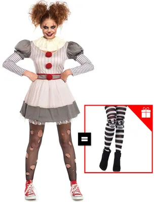 Produktbild von Halloween Horrorclown Damenkostüm in grau weiß rot - Einheitsgröße