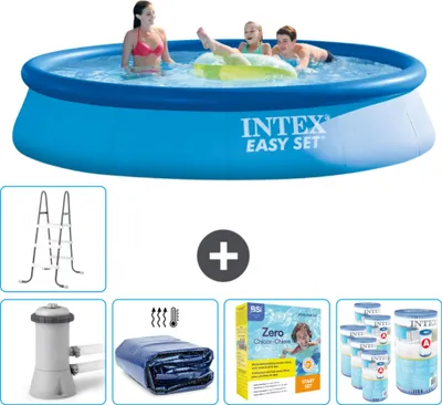 Immagine prodotto di Piscina gonfiabile rotonda Intex Easy Set - 396 x 84 cm - blu - inclusa pompa tenda - pacchetto manutenzione - filtro - scaletta