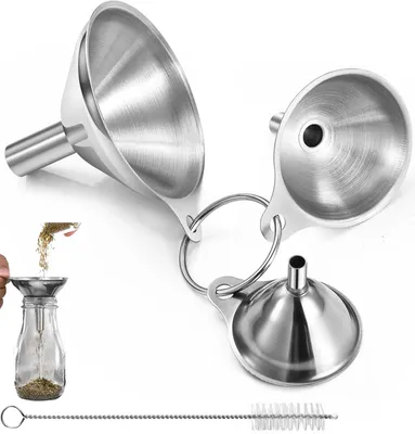 Produktbild von Edelstahl-Trichter-Set – 3-teilig – Küchen-Metalltrichter – inklusive Reinigungsbürste – Mini – zum Befüllen und Ausgießen – wiederverwendbare