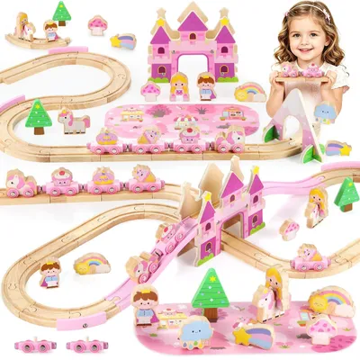Immagine prodotto di Omgoods - Set di trenini in legno per bambine, 2-4 anni - Set di giocattoli Montessori da 41 pezzi