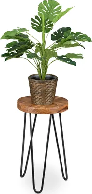 Zdjęcie produktu dla Stojak na kwiaty Relaxdays, drewno akacjowe, okrągły, do doniczek i pojemników na rośliny, stojak na kwiaty w stylu retro, wymiary: 42 x 25 cm, brązowo-czarny