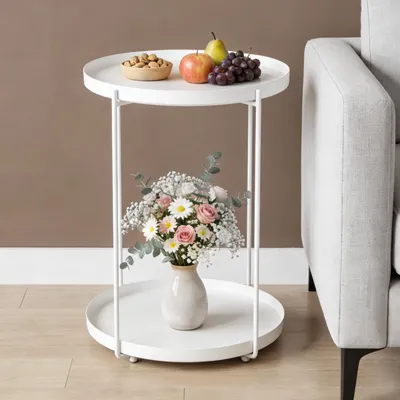 Produktbild von Mai & Mai Beistelltisch rund Ø35×H51 cm, Couchtisch klein mit 2 abnehmbaren Tabletts aus PP-Kunststoff, Weiß Reglo-08