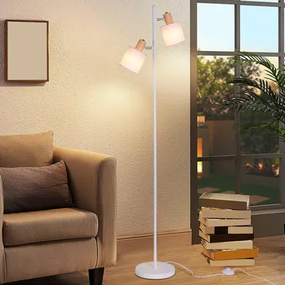 Image de ZMH Lampadaire Salon Lampadaire Vintage - 145cm à deux flammes E14 Lampadaire Blanc Abat-jour Tissu avec interrupteur à pied Rétro Industriel Tissu Pivotant pour Salon Chambre à coucher (sans ampoules)
