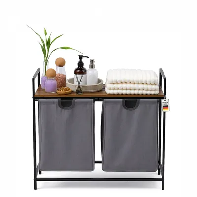Produktbild von Roxlin Wäschekorb mit 2 Fächern – Wäschesammler mit Deckel & Ablage – Wäsche Sortierer aus Metall – Schmutzwäsche Organizer für Bad, Schlafzimmer