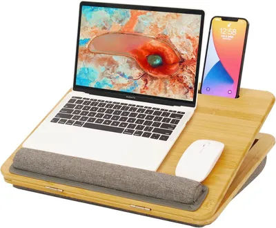 Obrázok produktu pre Stolík na notebook bambus, do postele a na gauč, do 15 palcov, 5 polôh, s vankúšom a držiakom na telefón