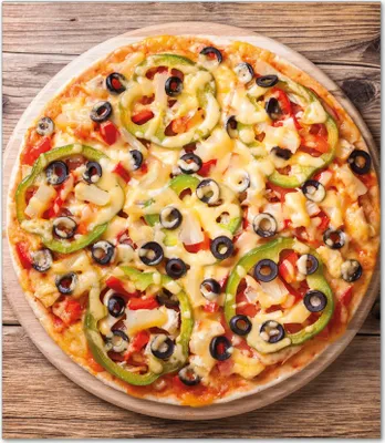 Produktbild von Wallario Herdabdeckplatte aus Glas, Größe 52 x 60 cm 1-teilig, Motiv Italienische Pizza mit Peperoni, Oliven. Paprika und Käse