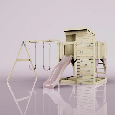 Produktbild von OutdoorToys Spielturm Björn aus Holz in Rosa Altrosa, mit Kinderschaukel