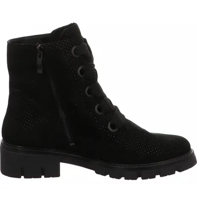A black lace-up boot with a side zipper is shown against a white background.