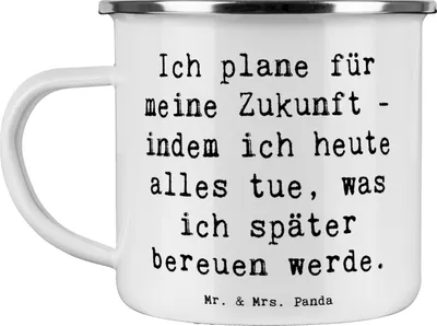 Produktbild von Mr. & Mrs. Panda Teetasse Spruch Lebensziele und Abenteuer - Weiß - Geschenk, becher emaille, Zitat, Gefühle, Teebecher, Motivation, Tasse, Pott, im Moment leben, Energie