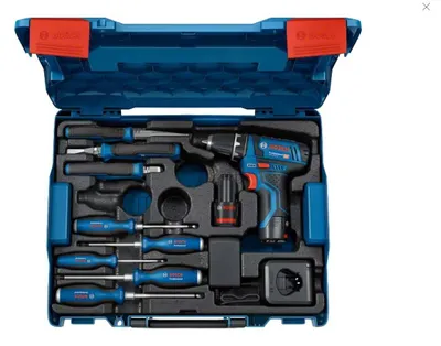 Image de Perceuse visseuse 12V GSR 12V-15 Professional + 2 batteries 2Ah + chargeur + coffret L-BOXX + outillage à main - BOSCH - 060186810R