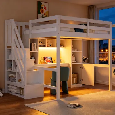 Image de Lit mezzanine 140 x 200 cm avec escalier, blanc | Lit multifonction en bois avec bureau, armoire, éclairage LED et prise électrique | Lit d'enfant et de jeune solide avec barrière de sécurité