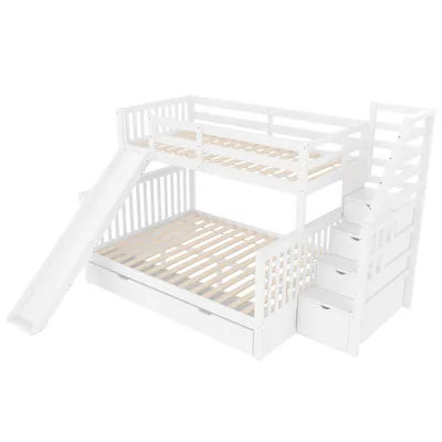 Produktbild von okwish Etagenbett (90 x 200 cm/140 x 200 cm), multifunktionales Kinderbett mit 2 Schubladen-Stauräumen und Rutsche, massive Kiefer, stabil und langlebig, weiß