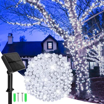 Solarlichterkette 14 m, 120 LEDs, kaltweiß, wetterfest, 8 Modi