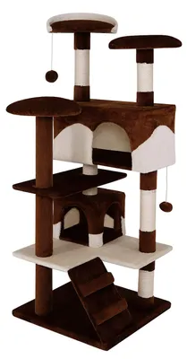 Produktbild von Kratzbaum 130 cm, 3 Plattformen, 2 Plüschbälle, Sisal und Plüsch, braun und beige, für Katzen