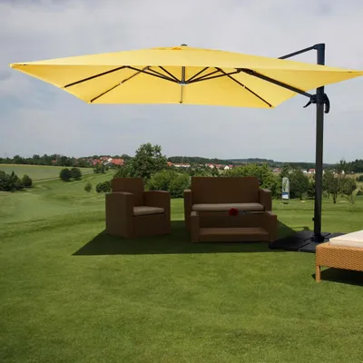 Produktbild von Gastronomie-Ampelschirm HWC-A96, Sonnenschirm 3x3m (Ø4,24m) Polyester Alu/Stahl 23kg  gelb mit Ständer, drehbar