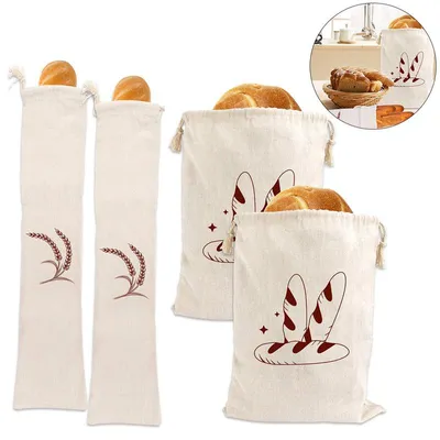 Produktbild von Brotbeutel Leinen 4er Set mit Kordelzug, Wiederverwendbare Brotsäcke für Baguette, Brot, Obst & Gemüse, Atmungsaktive Aufbewahrung