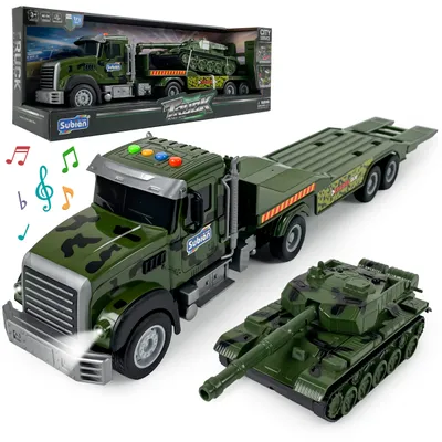 Produktbild von Großer Militär Transporter mit Panzer – Armee Spielzeug mit Licht & Sound, Push-and-Go LKW für Kinder ab 3 Jahren