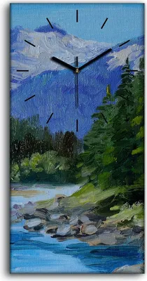 Produktbild von Dekor Leinwand Uhr Wandbilder Geräuschlos 30x60 Ölgemälde Berge Wald Fluss Natur - schwarze Hände
