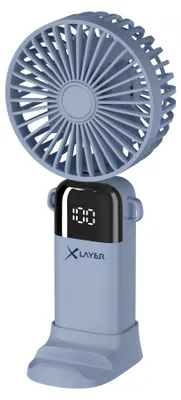 Zdjęcie produktu dla Cichy przenośny wentylator XLayer, 5 poziomów prędkości, kompaktowy, składany, wyświetlacz LED, bateria 1200 mAh, uchwyt na smartfon, niebieski