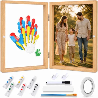 Imagen del producto de Kit para crear recuerdos familiares con huellas de manos: incluye 4 placas de vidrio, un marco de madera para fotos y 6 colores