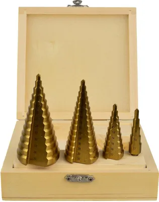 Immagine prodotto di Set punte coniche HSS, fresa conica per trapano a gradini, con gambo e punzone centrale, 4 - 39 mm,4 pezzi Geko