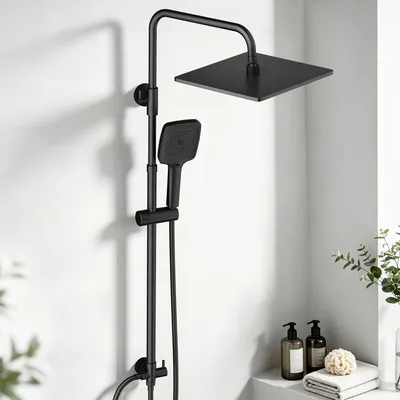 Produktbild von JOHO Edelstahl Duschset ohne Armatur, XL Kopfbrause Eckig 25x25 cm Schwarz