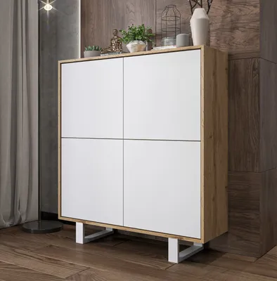 Obrázek produktu pro Komoda RTV ve stylu loft Dub Wotan Apollo 4D - Moderní - Nábytek Lindner - 113 cm , dva bílé kovové rámy , Barva: dub Wotan matný - Bílý matný