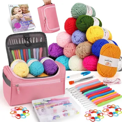 Immagine prodotto di Kit per principianti per l'uncinetto, contenente 16 gomitoli di filato, uncinetti ergonomici da 2,0 a 8,0 mm, accessori, scatola di conservazione e borsa per l'uncinetto