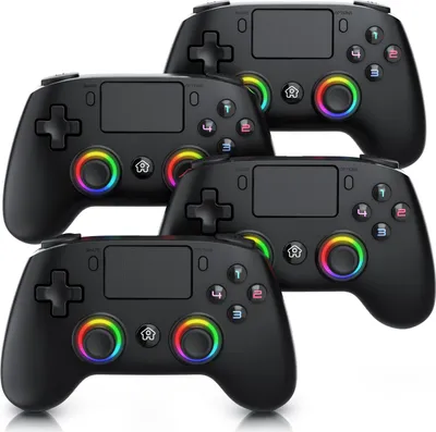 Four black game controllers are arranged in a staggered formation against a white background.