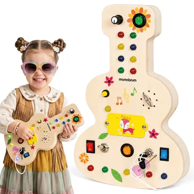 Immagine prodotto di Tavolo di manipolazione Mamabrum a forma di chitarra, con luci LED e carillon, dimensioni 19,2 x 29,5 x 3 cm, realizzato in compensato, metallo e plastica, adatto a bambini dai 3 anni in su, Immagine generata dall'IA