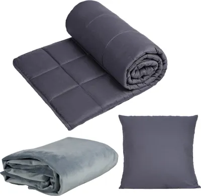 Three different views of a weighted blanket and a pillow.