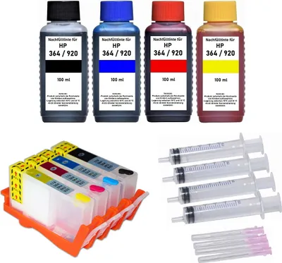 A collection of ink bottles and ink cartridges for printers.