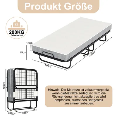 Zdjęcie produktu dla Łóżko gościnne Jopassy 90x200cm składane z materacem i pokrowcem ochronnym do 150kg, na kółkach