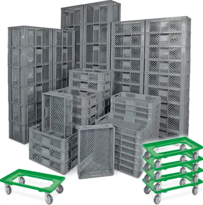 Produktbild von 78 Stück Stapelkörbe/Bäckerkästen in 5 Größen, Grundmaß LxB 600 x 400 mm, H 90 mm, 150 mm, 240 mm, 320 mm, 410 mm, Farbe grau + 5x Transportroller, grün